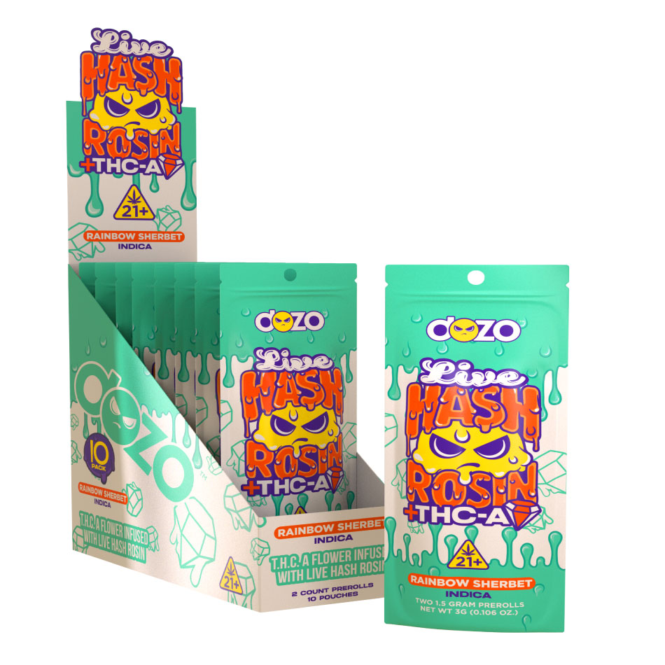 Dozo LIVE HASH ROSIN Preroll | Rainbow Sherbet (Indica) 2pk (box of 10)